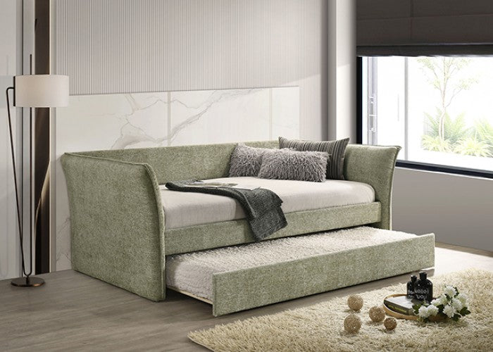FM1203GR  Yuri light green fabric textured twin day bed with trundle with flared arms