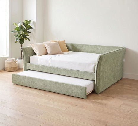 Yuri Light Green Fabric Textured Full Day Bed with Trundle and Flared Arms – FM1203GR-F