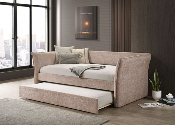FM1203PK  Yuri pink fabric textured twin day bed with trundle with flared arms