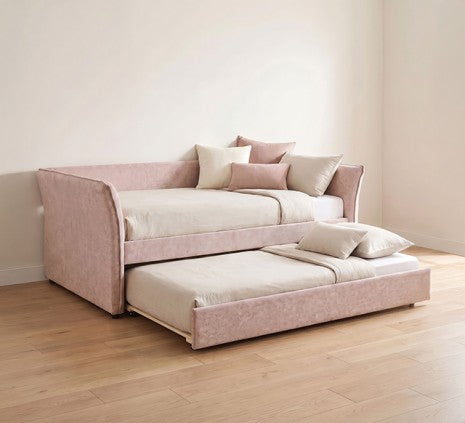 Yuri Pink Fabric Textured Full Day Bed with Trundle and Flared Arms – FM1203PK-F