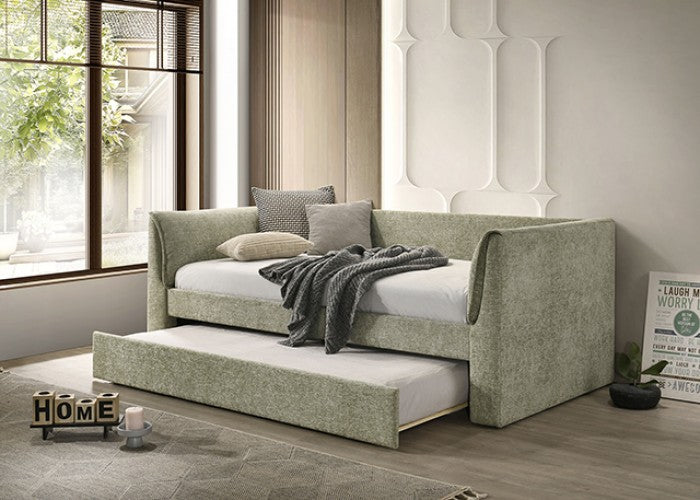 FM1204GR  Upney light green fabric textured twin day bed with trundle with padded arms
