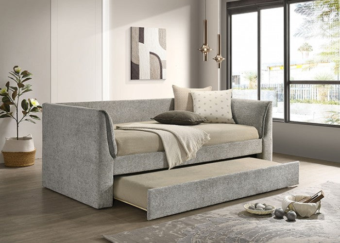 FM1204GY  Upney slate grey fabric textured twin day bed with trundle with padded arms