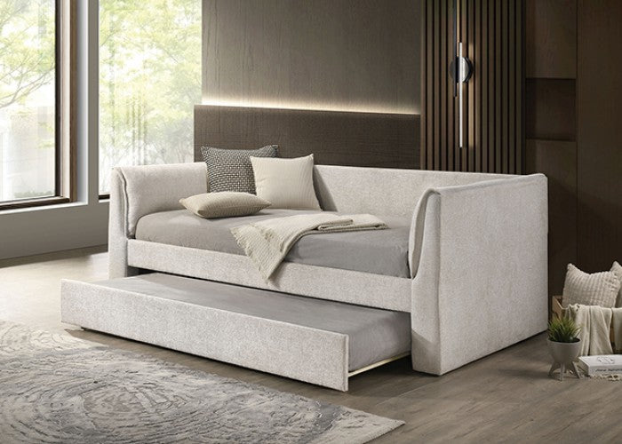 FM1204WH  Upney pearl white fabric textured twin day bed with trundle with padded arms