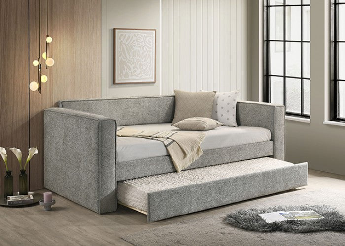 FM1205GY  Walsall slate grey fabric textured twin day bed with trundle with padded arms