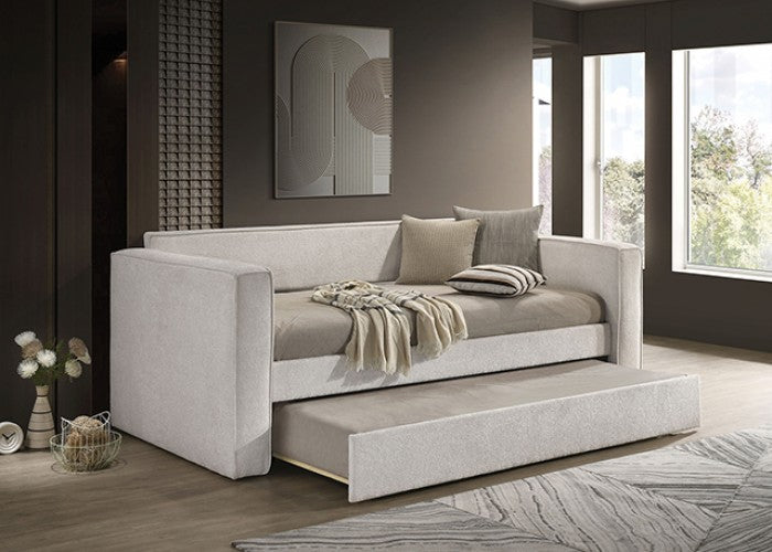 FM1205WH  Walsall pearl white fabric textured twin day bed with trundle with padded arms