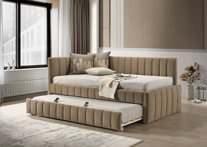 FM1206BR  Nardi brown fabric textured twin day bed with trundle vertical channel tufting