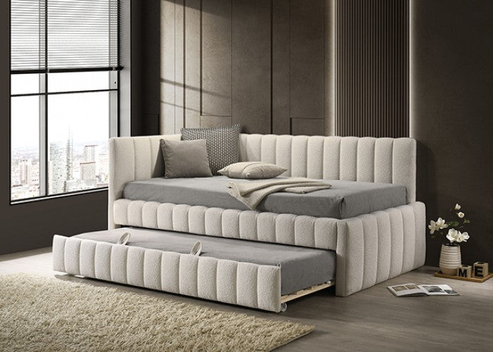 FM1206WH  Nardi white fabric textured twin day bed with trundle vertical channel tufting
