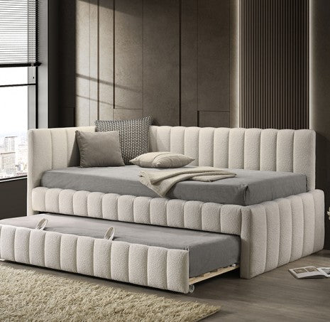 Nardi White Fabric Vertical Channel Tufted Full Day Bed with Trundle – FM1206WH-F