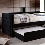 FM1739BK  Susanna black flannelette fabric pleated tufted sides twin day bed with trundle nail head trim