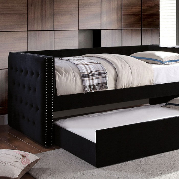 FM1739BK  Susanna black flannelette fabric pleated tufted sides twin day bed with trundle nail head trim