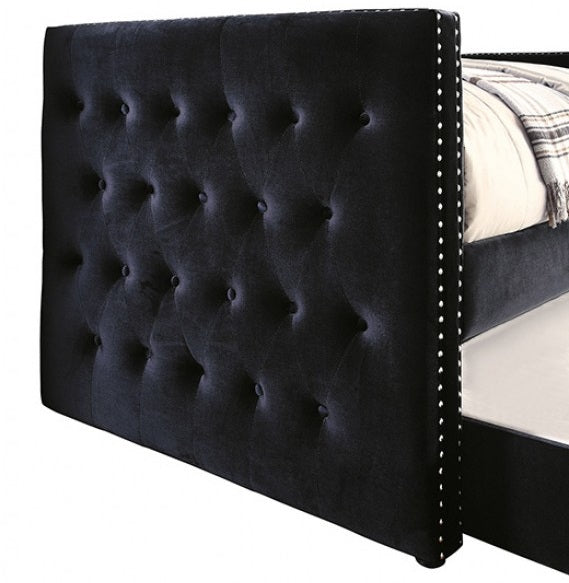 FM1739BK  Susanna black flannelette fabric pleated tufted sides twin day bed with trundle nail head trim