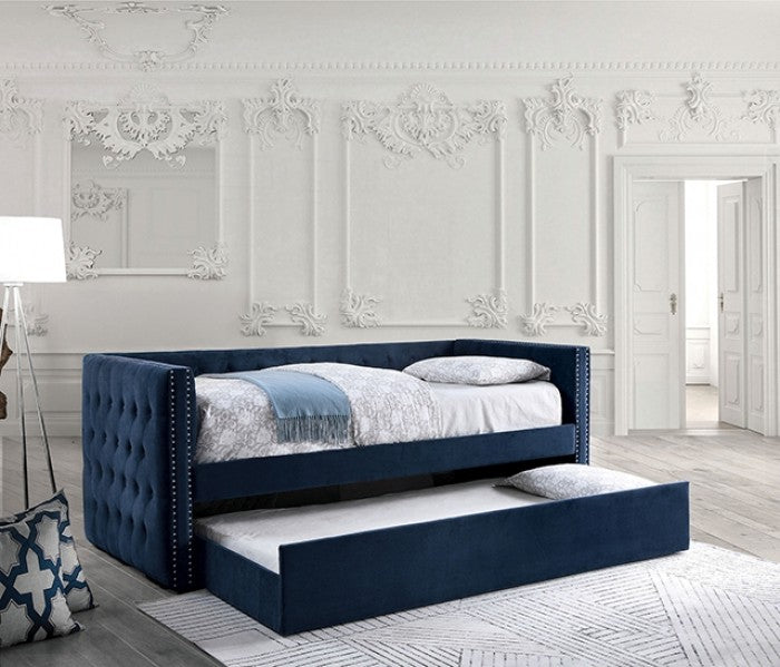 FM1739NV  Susanna navy flannelette fabric pleated tufted sides twin day bed with trundle nail head trim