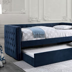 FM1739NV  Susanna navy flannelette fabric pleated tufted sides twin day bed with trundle nail head trim