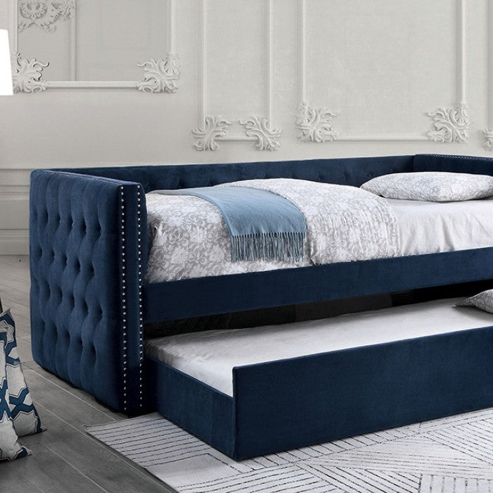FM1739NV  Susanna navy flannelette fabric pleated tufted sides twin day bed with trundle nail head trim