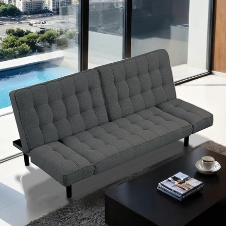FM2801DG Bellevue dark grey fabric tufted futon sofa bed black finish legs