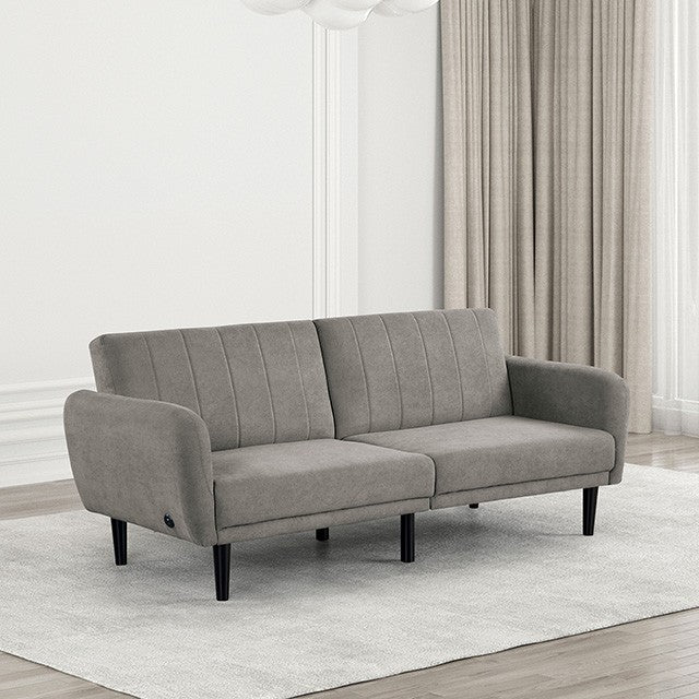 FM2900GY Aristide grey fabric ribbed tufted folding futon sofa bed USB plugs