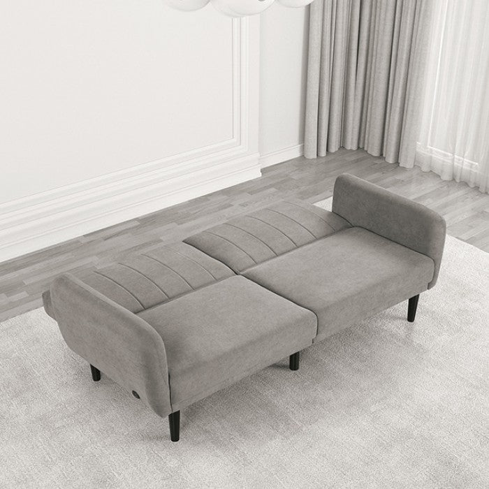 FM2900GY Aristide grey fabric ribbed tufted folding futon sofa bed USB plugs