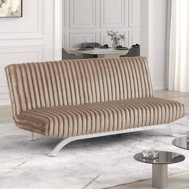 FM2906TP Villeneuve taupe fabric ribbed tufted futon sofa bed chrome legs