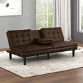FM2908BR Eidsberg brown faux leather folding futon sofa bed with drop down center cup holder and USB plugs