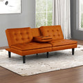 FM2908OR Eidsberg orange faux leather folding futon sofa bed with drop down center cup holder and USB plugs