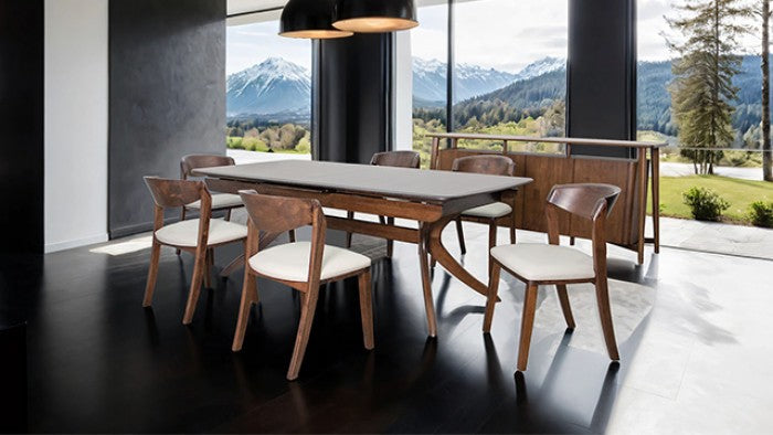 FM30004WN-T-7PC 7 pc Hadsten rich walnut finish wood mid-century modern dining table set faux leather seats