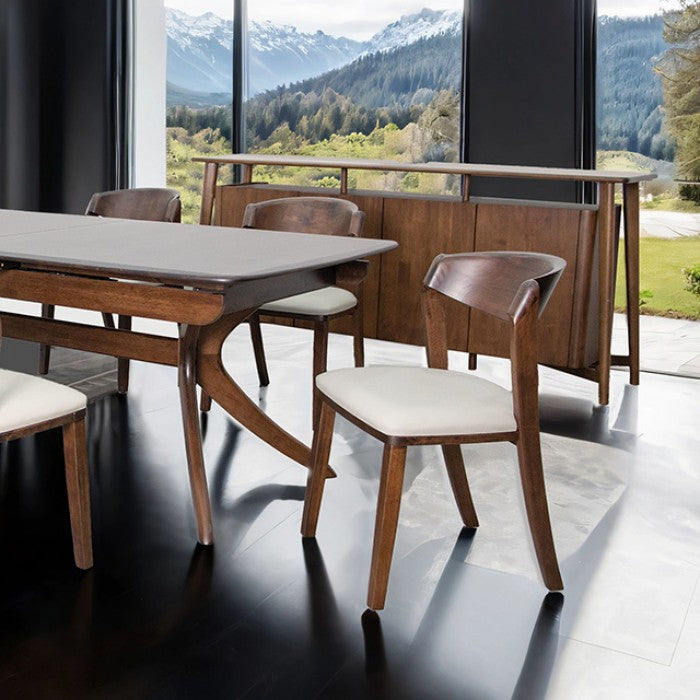 FM30004WN-T-7PC 7 pc Hadsten rich walnut finish wood mid-century modern dining table set faux leather seats