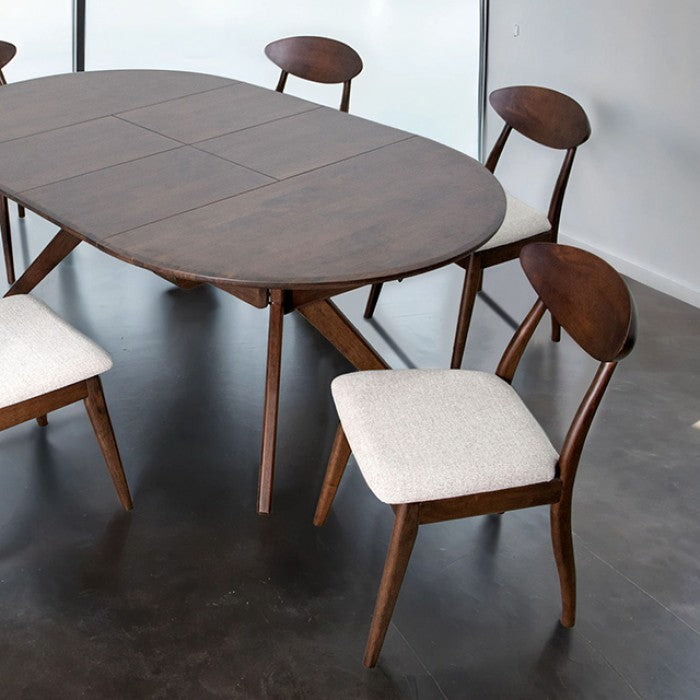 FM30005WN-OT-7PC 7 pc Sargans rich walnut finish wood mid-century modern oval / round dining table set fabric seats