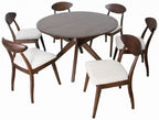 FM30005WN-OT-7PC 7 pc Sargans rich walnut finish wood mid-century modern oval / round dining table set fabric seats