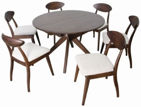 FM30005WN-OT-7PC 7 pc Sargans rich walnut finish wood mid-century modern oval / round dining table set fabric seats