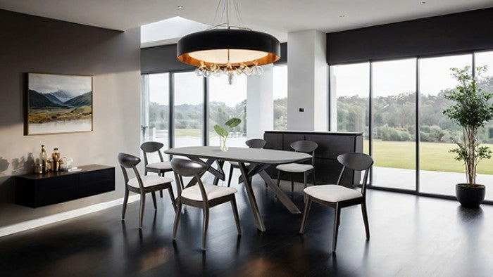 FM30006BK-OT-7PC 7 pc Sargans black finish wood mid-century modern oval dining table set