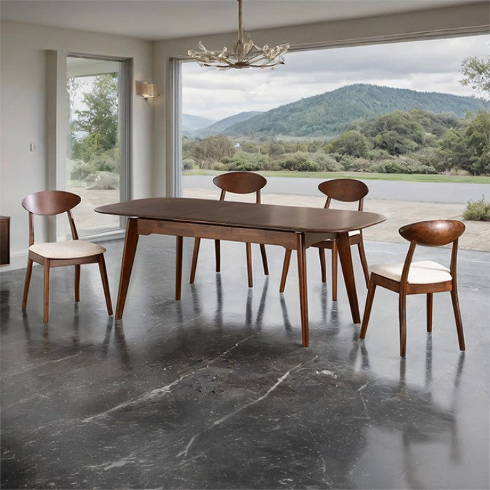 FM30007WN-T-5PC 5 pc Buren rich walnut finish wood mid-century modern 79" dining table set fabric seats