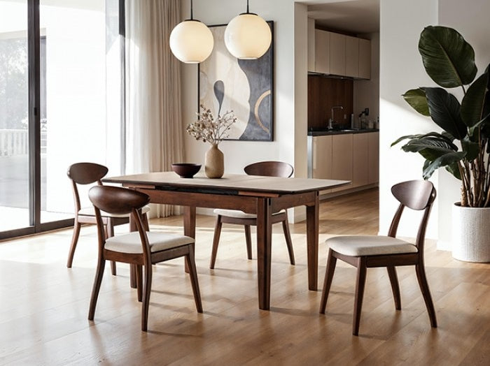 FM30008WN-T-5PC 5 pc Croglio rich walnut finish wood mid-century modern 64" dining table set fabric seats