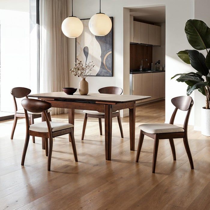FM30008WN-T-5PC 5 pc Croglio rich walnut finish wood mid-century modern 64" dining table set fabric seats