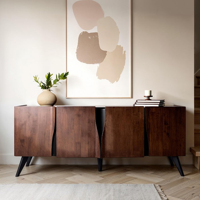 FM30012WN-SV-78  Sobral rich walnut finish wood mid-century modern 78" 4 door natural edge buffet sideboard server cabinet