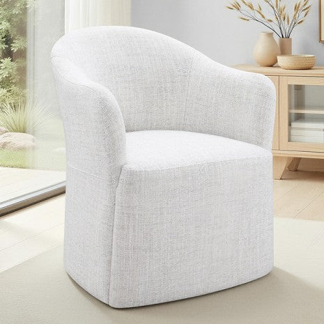 FM3004WH-AC Sema pristine white woven fabric gentle barrel back swivel dining accent chair