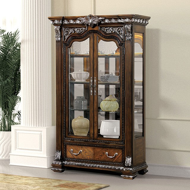 FM31002DB-CR Promenade dark brown finish wood carved accents curio cabinet