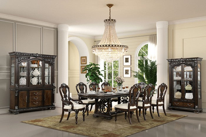 FM31002DB-7PC 7 pc Promenade dark brown finish wood double pedestal carved accents dining table set
