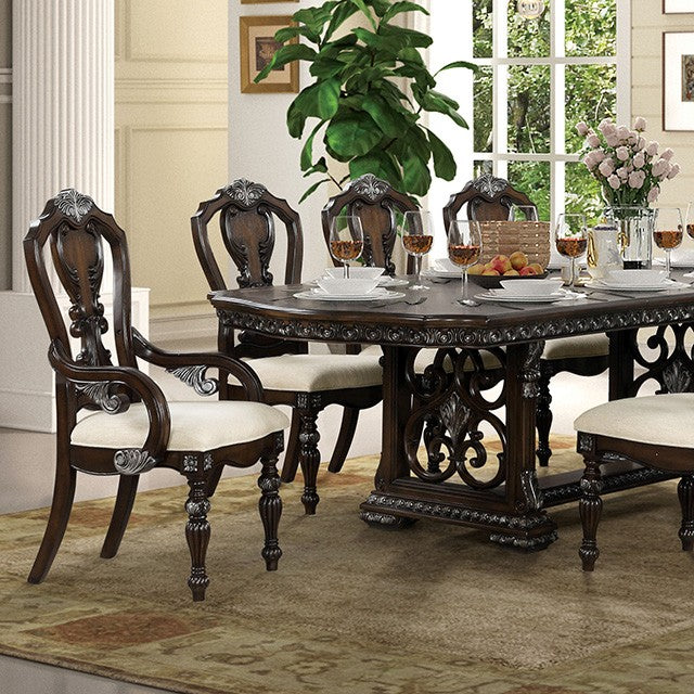 FM31002DB-7PC 7 pc Promenade dark brown finish wood double pedestal carved accents dining table set