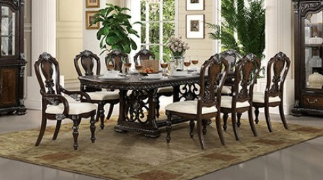 FM31002DB-7PC 7 pc Promenade dark brown finish wood double pedestal carved accents dining table set