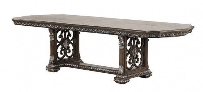 FM31002DB-7PC 7 pc Promenade dark brown finish wood double pedestal carved accents dining table set