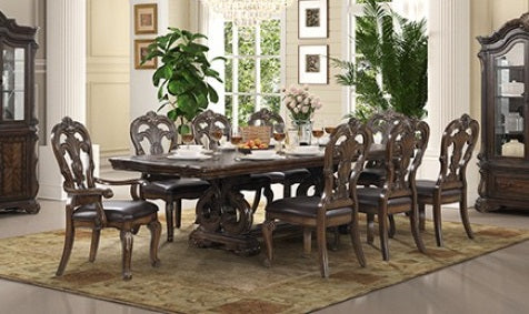 FM31003DB-7PC 7 pc Leovanni dark brown finish wood double pedestal carved accents dining table set
