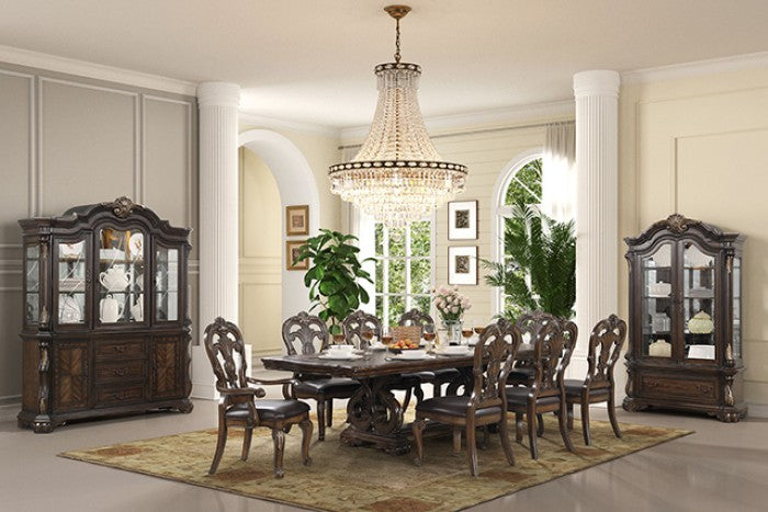 FM31003DB-7PC 7 pc Leovanni dark brown finish wood double pedestal carved accents dining table set