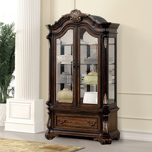 FM31003DB-CR Leovanni dark brown finish wood carved accents curio cabinet