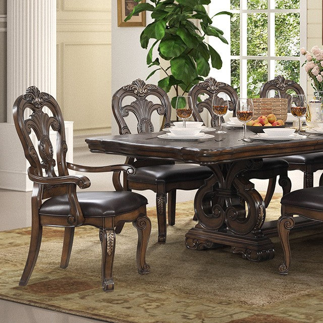 FM31003DB-7PC 7 pc Leovanni dark brown finish wood double pedestal carved accents dining table set