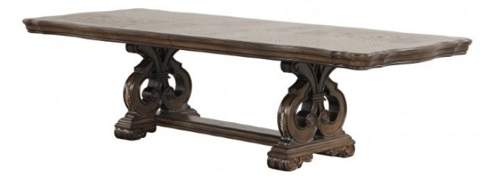 FM31003DB-7PC 7 pc Leovanni dark brown finish wood double pedestal carved accents dining table set