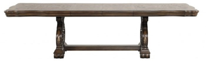 FM31003DB-7PC 7 pc Leovanni dark brown finish wood double pedestal carved accents dining table set