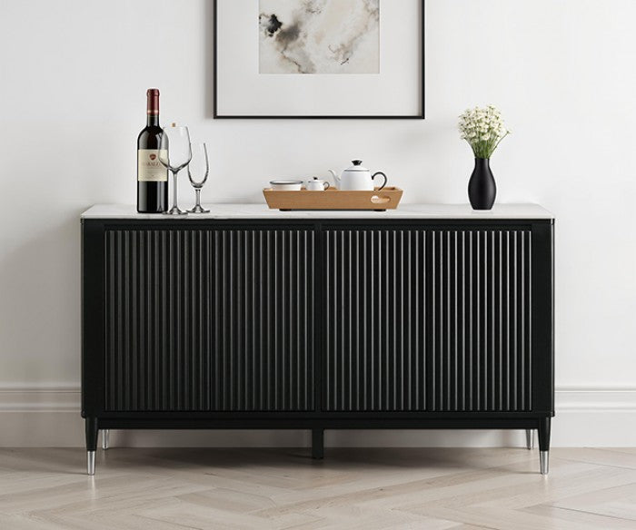 FM32001BK-SV Maidstone black finish wood sintered stone top contemporary style 71" 4 drawer dining server sideboard cabinet buffet