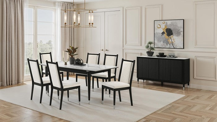FM32001BK-T-7PC 7 pc Maidstone black finish wood tapered legs dining table set with sintered stone top