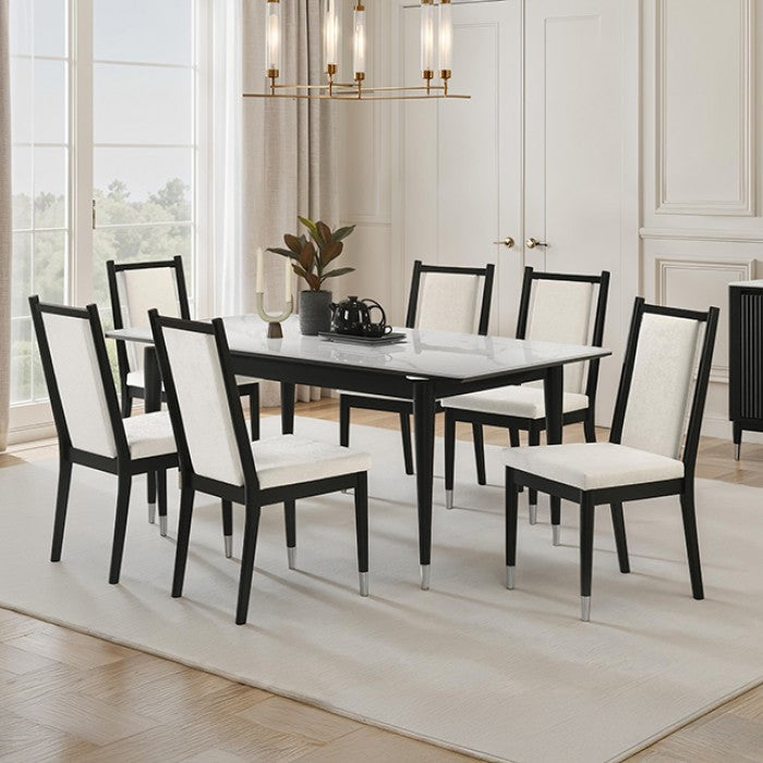 FM32001BK-T-7PC 7 pc Maidstone black finish wood tapered legs dining table set with sintered stone top