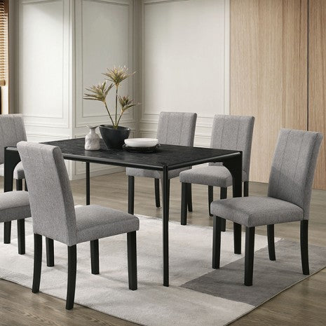 Amelio 7-Piece Dining Table Set – Black Wood & Grey Upholstered Chairs | Furniture of America